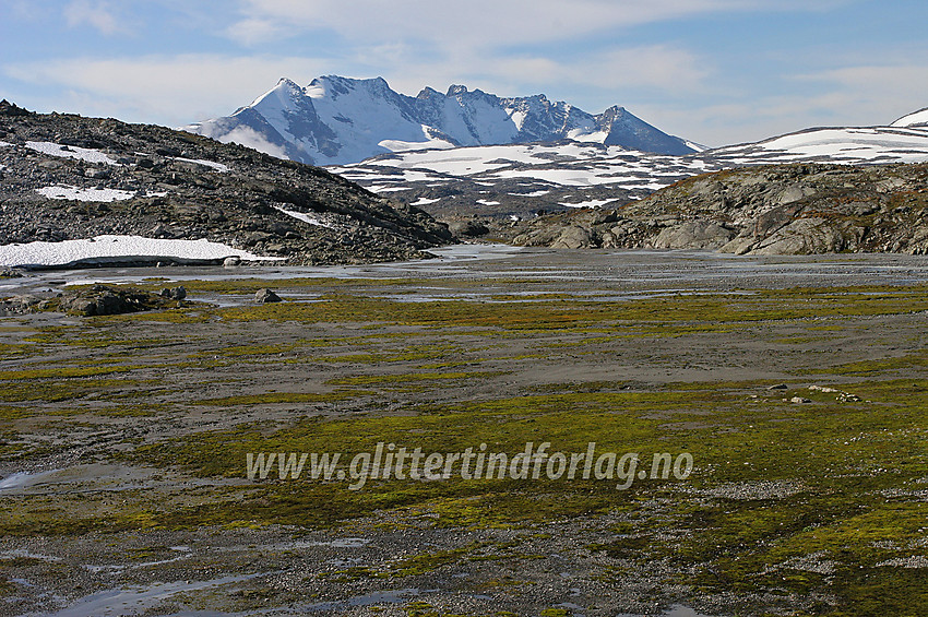 Ved den lille breelvsletta elva fra Smørstabbreen danner nedunder Falkberget med flott utsikt mot Styggedals- og Skagastølstindane.