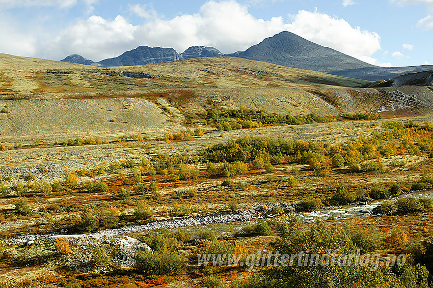 Høst i Rondane, her fra stien mellom Dørålseter og Høvringen med utsikt sørøstover mot Digerronden (2016 moh) m.fl.  I forgrunnen ses Døråe,