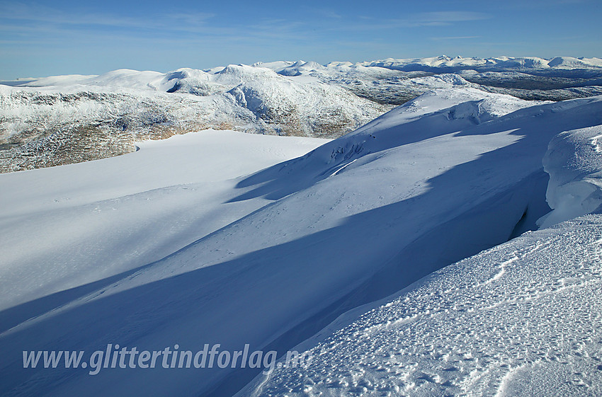 Utsikt i øst-sørøstlig retning fra Steinkollen (2018 moh) mot Holåtinder, Hestbreapigger og videre til Jotunheimen.