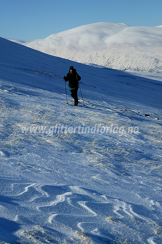 På vei til Storivilen på en tur fra Skjåk via Åndfjellet. I bakgrunnen ses Tverrfjellmassivet.