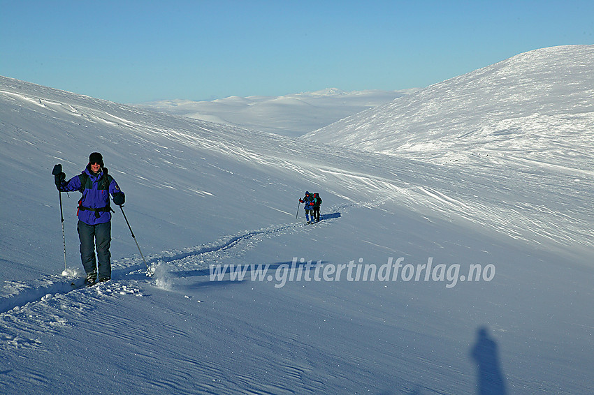 Skiløpere på vei fra Storivilen til Moldulhøe. De er i østflanken på Moldulhøe og har ikke langt igjen til toppen. Bak til høyre ses en del av Lendfjellet.