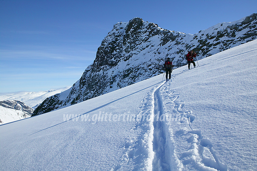 Oppover på Tverråbrean med Nørdre Bukkeholstinden (2149 moh) i bakgrunnen.