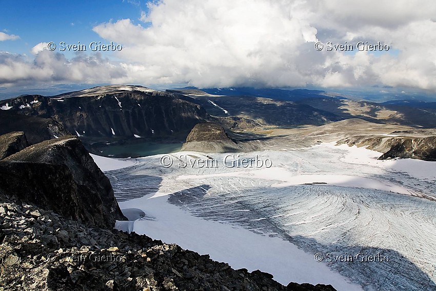 Grotbrean glacier and Trollsteinkvelven valley from Trollsteineggje. Jotunheimen National Park. Norway.