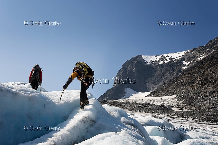 Hikers on Storjuvbrean glacier. Jotunheimen National Park. Norway.