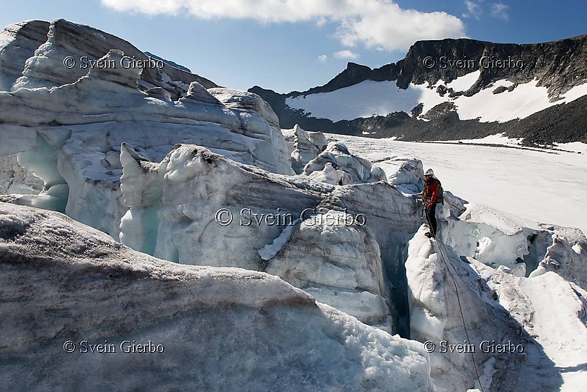 Hikers on Storjuvbrean glacier. Jotunheimen National Park. Norway.