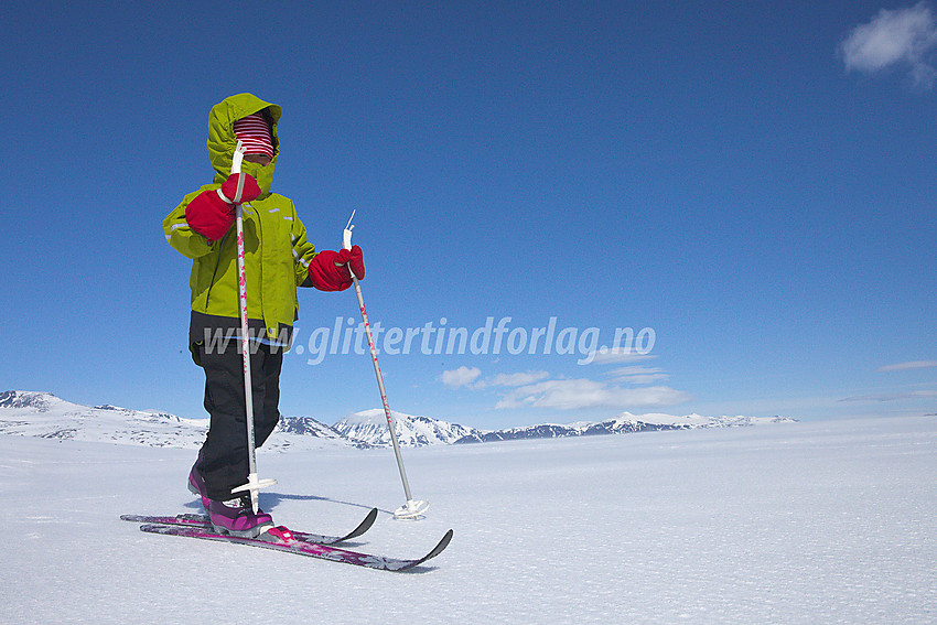 Liten skiløper på Valdresflye. Besshøe (2258 moh) i bakgrunnen.