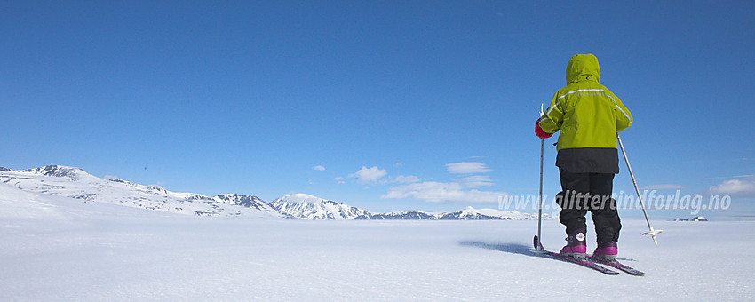 Liten skiløper på Valdresflye. I bakgrunnen bl.a. Besshøe (2258 moh).