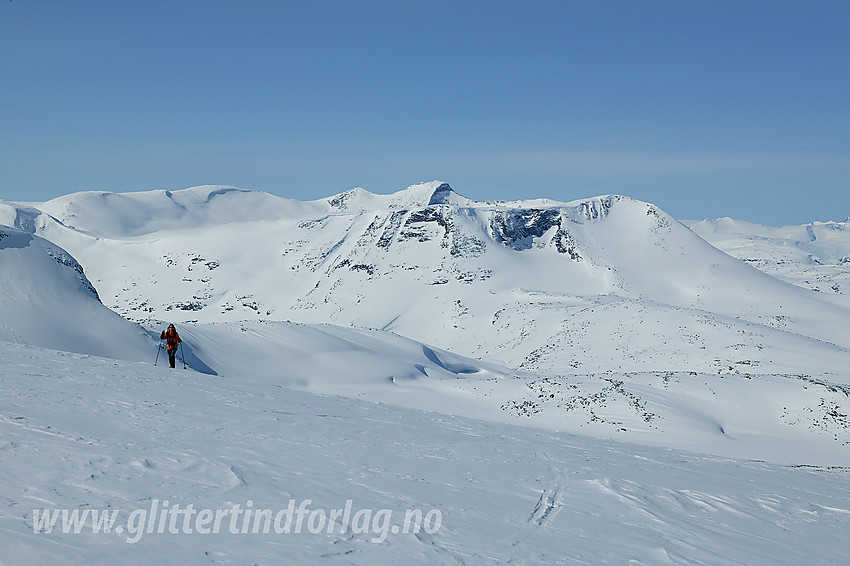 På vei opp stigningene fra Grøntjørni mot Holåbrean med Tundradalskyrkja (1970 moh), Steinkollen (2018 moh), Søre Tverrådalskyrkja (2034 moh) og Tverrådalskyrkja (2088 moh) i bakgrunnen.