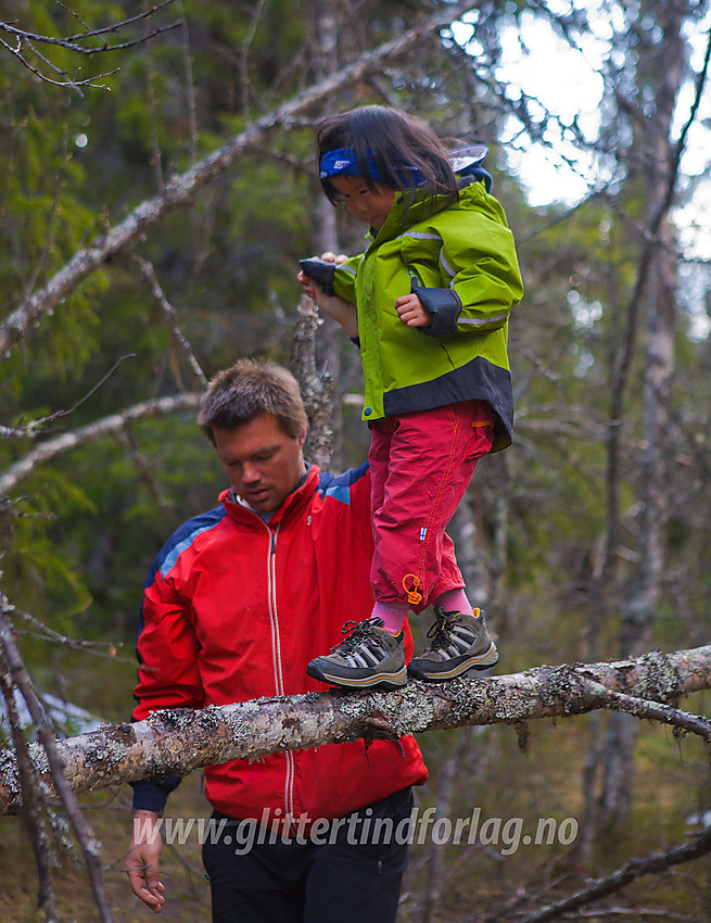 Lek i skogen på vei til Olberg (986 moh).