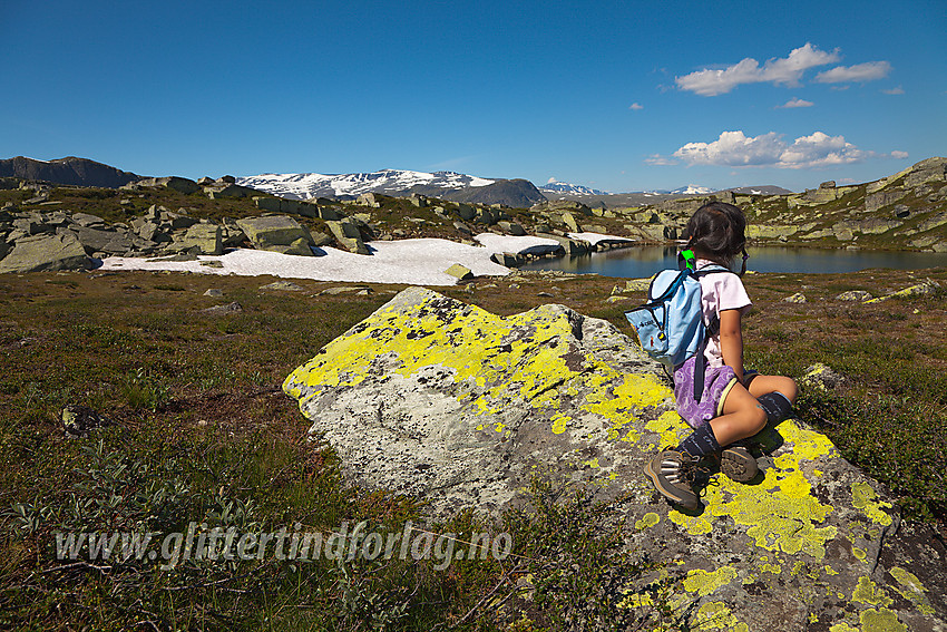 Pause på vei fra Båtskardstølane mot Gravolskampen ved det første tjernet man kommer til (Søre Båtskardet). I bakgrunnen skimtes Jotunheimens 2000-metertopper.