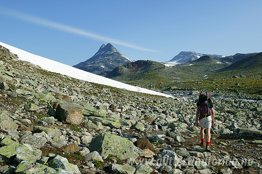 På vei fra Koldedalen innover på sti mot Uradalsvatnet. I bakgrunnen ses Uranostindryggen og Langeskavltinden for å nevne noe.l