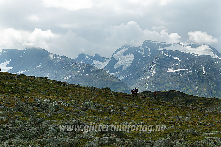 Fjellvandrere på tur over Memurutunga fra Gjendebu mot Memurubu med Gjendealpene i bakgrunnen.