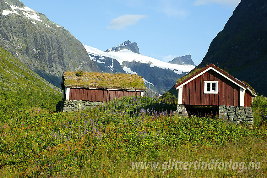 Idyll en sommermorgen ved Stølsmaradalsbu i Hurrungane med Stølsmaradalstinden (2026 moh) og Midtre Ringstinden (2025 moh) i bakgrunnen.