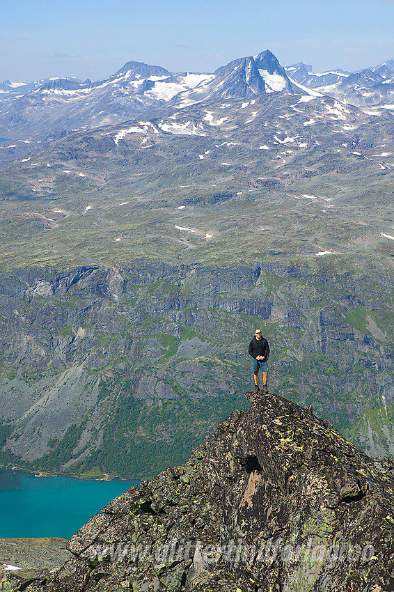 På Knutseggen nord for Nålene med utsikt innover i Jotunheimen mot bl.a. Semeltinden. Langt der nede ses også bregrønne Gjende.