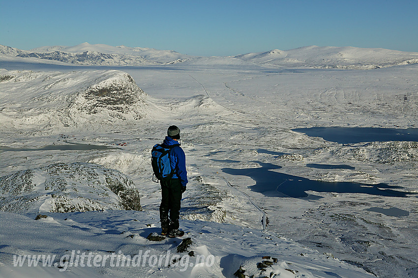 Utsikt fra toppen av Bitihorn i retning bl.a. Synshorn og Valdresflye. Lenger i det fjerne ses bl.a. Nautgardstinden og Heimdalshøe.