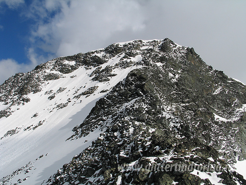 Heimre Søre Illåbreatinden (2175 moh) sett fra nord. Legg merke til personen på vei opp snøbakken.