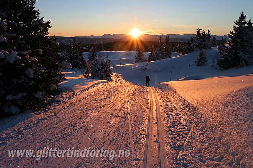 Skiløper på vei ned fra Skardåsen med sola som går ned bak Skogshorn midt i mot.