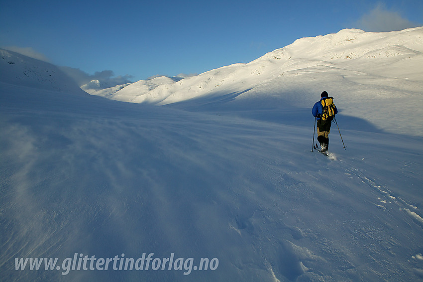 På vei innover Heimre Fagerdalen på ski med Heimre Fagerdalshøe (1510 moh) bak til høyre.