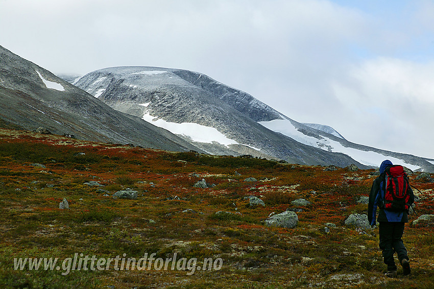 På vei oppover Lundadalen mot Store Hestbreapiggen. Foten på fjellet ses godt rett forut, men selve toppen skjuler seg i tåka litt lenger bak.