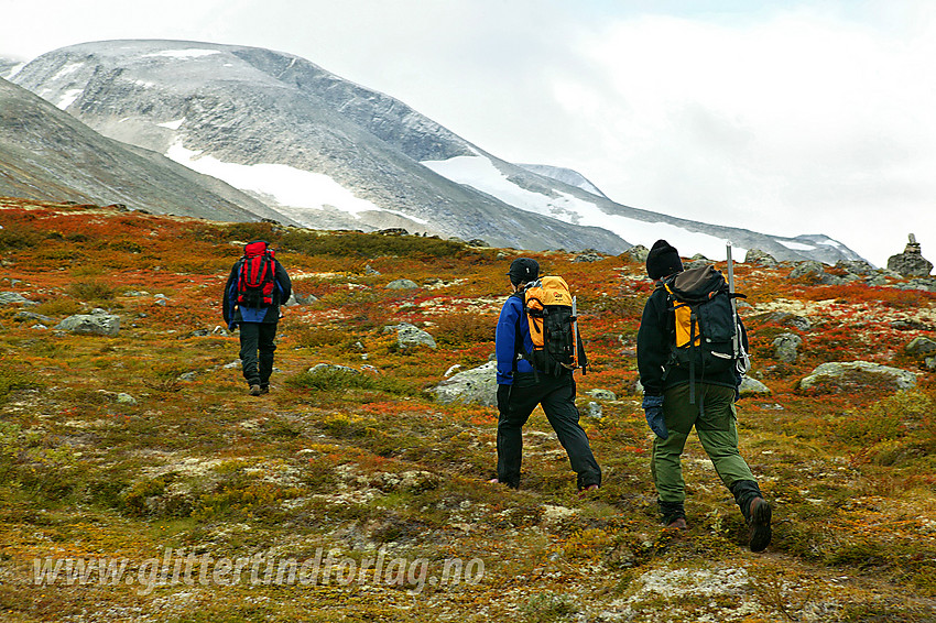 På vei oppover Lundadalen en grå høstdag. I bakgrunnen ses deler av Store Hestbreapiggen (2172 moh), toppen mangler i grunnen. Den er for øvrig turens mål.