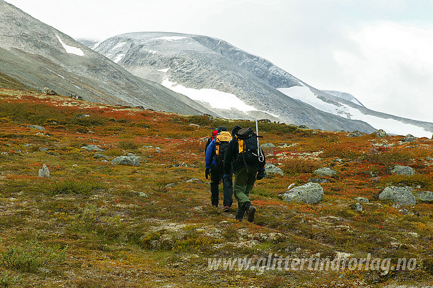 På vei oppover Lundadalen en grå høstdag. I bakgrunnen ses deler av Store Hestbreapiggen (2172 moh), toppen mangler (i tåka). Den er for øvrig turens mål.