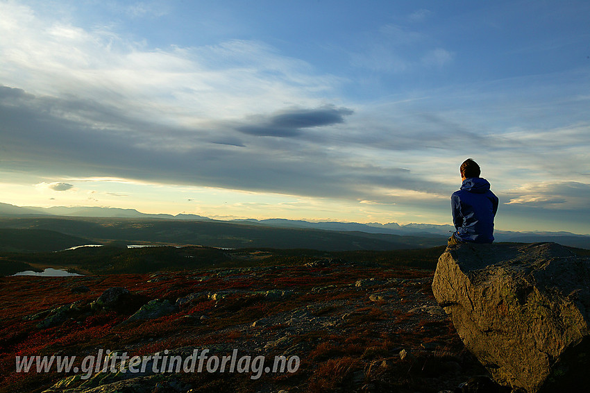 Utsikt fra Makalausfjellet i nordvestlig retning mot Tisleidalen. I det fjerne skimtes også Jotunheimen.