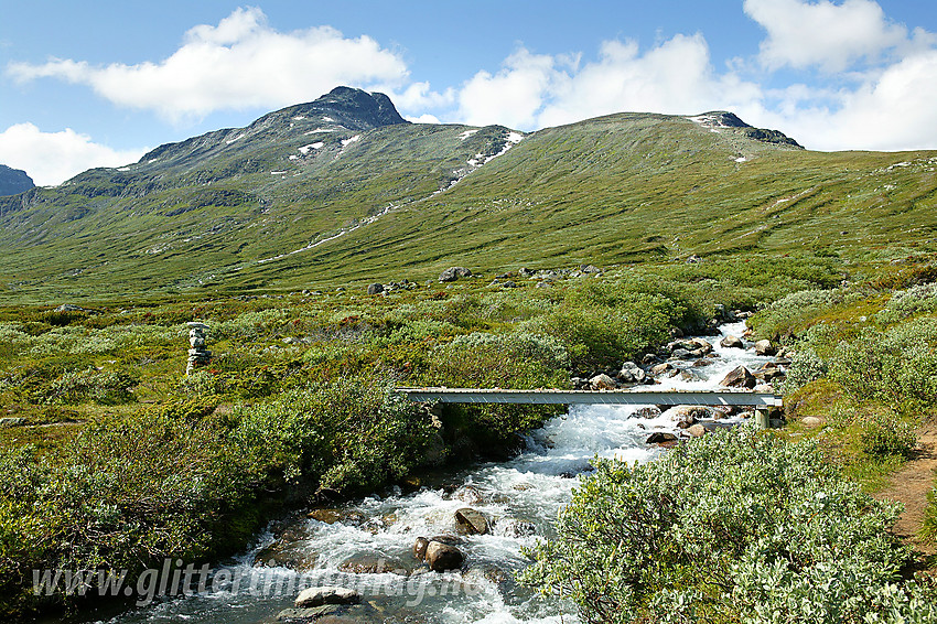 Ved broa over Hestevollåne ved Hestvollen med Nørdre Kalvehølotinden (2019 moh) i bakgrunnen.