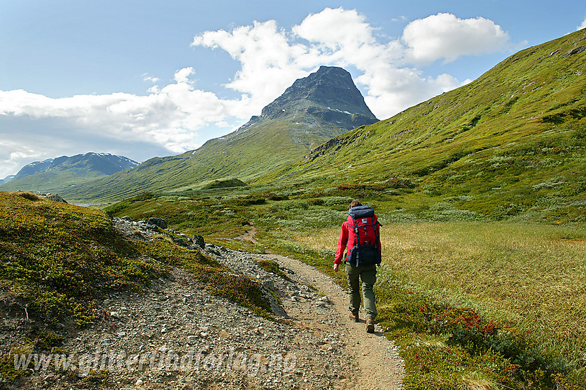 På vei vestover stien langs Bygidn mot Torfinnsbu med Torfinnstindane (2119 moh) i bakgrunnen.