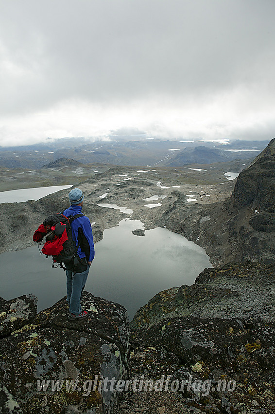 Utsikt fra vest-sørvestryggen mot Søre Svartdalspiggen fra Langedalsbandet. Vi ser sør-sørvestover mot Langedalstjedna og videre i retning fjellene sør for Bygdin.