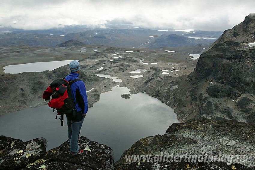 Utsikt fra vest-sørvestryggen mot Søre Svartdalspiggen fra Langedalsbandet. Vi ser sør-sørvestover mot Langedalstjedna og videre i retning fjellene sør for Bygdin.