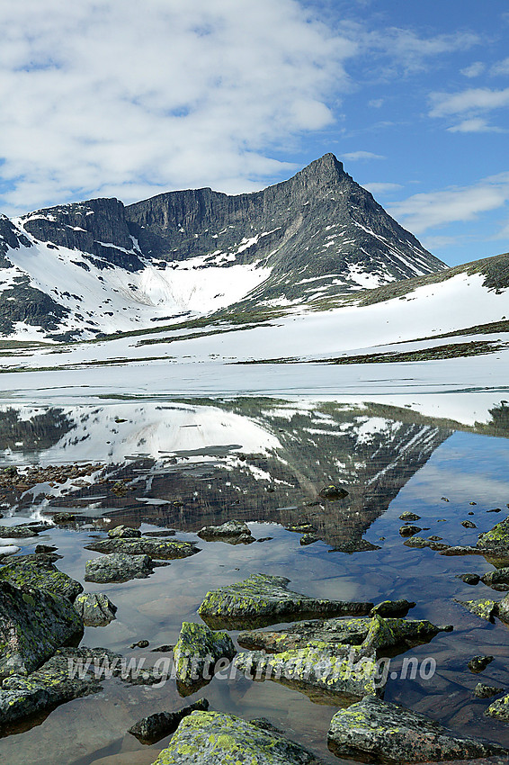 I Svånådalen med den kvasse Store Langvasstinden (2085 moh) som speiler seg i et tjern.