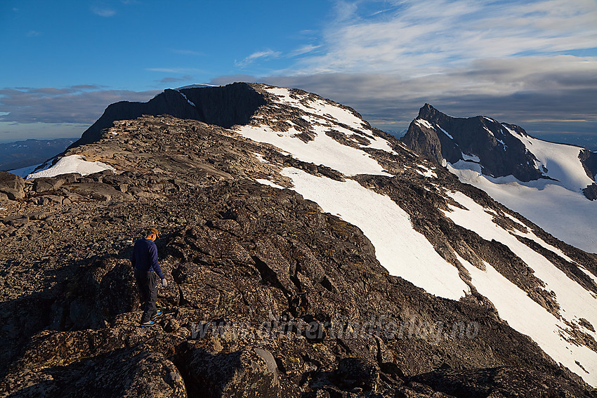 På Slettmarkhøes nordrygg med Nestnørdre først (2086 moh), Slettmarkhøe (2190 moh) og Slettmarkpiggen (2164 moh bak til høyre).