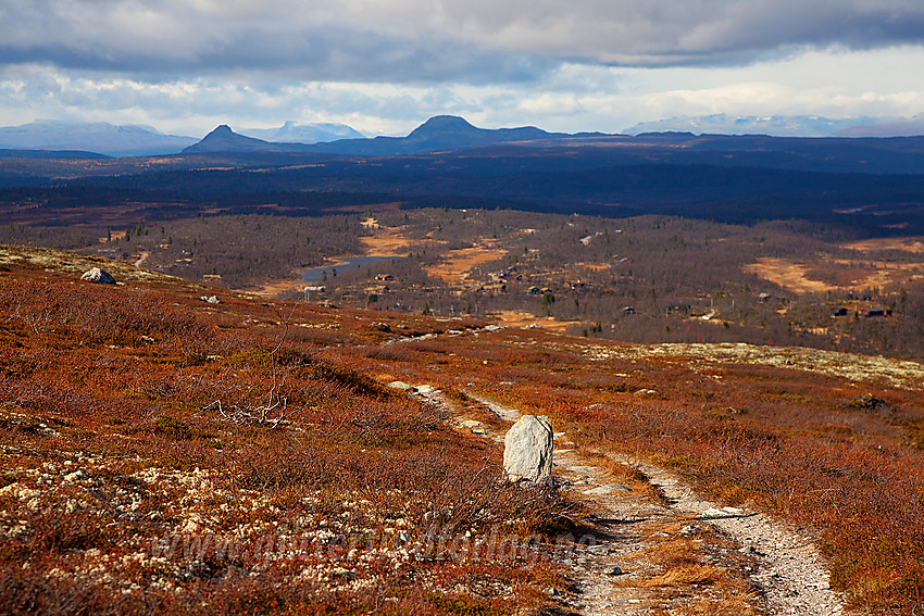 Parti av stien fra Lenningen mot Spåtinden med Lenningen, Skarvemellen og Rundemellen i bakgrunnen.