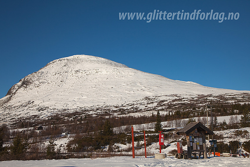 Skogshorn (1728 moh) sett fra parkeringsplassen nær Lykkja. Dette er det absolutt vanligste utgangspunktet for en tur opp på Skogshorn. Parkeringen er nesten like lett tilgjengelig fra Vestre Slidre som den er fra Gol / Hemsedal.