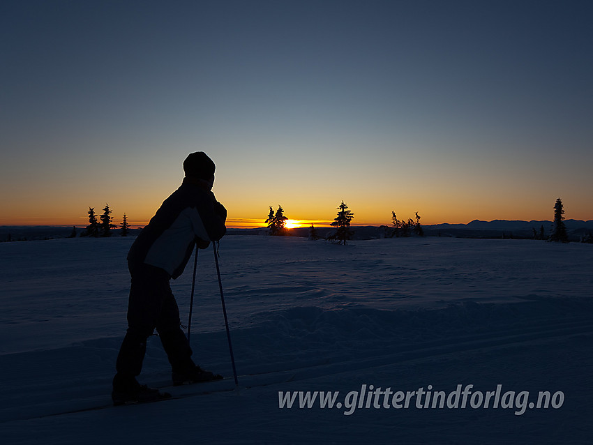 På toppen av Skardåsen i Nord-Aurdal ved solnedgang en romjulsettermiddag.