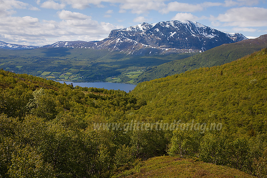 I ytre del av Sanddalen med Grindane (1724 moh) på andre siden av Vangsmjøse.