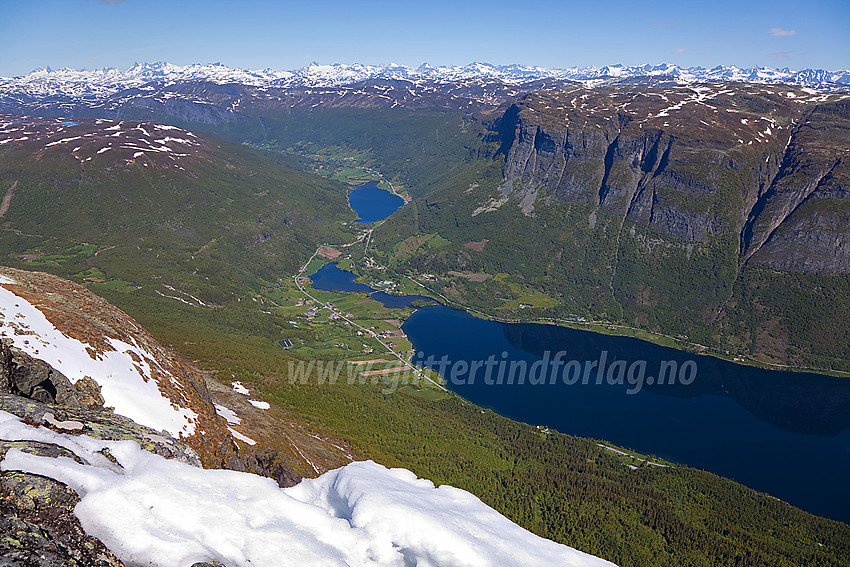 Utsikt fra Skjøld mot Vangsmjøse, Øye, Kvamsnøse og Skyrifjellet. I bakgrunnen kvitner Jotuntindane mot himmelranda.