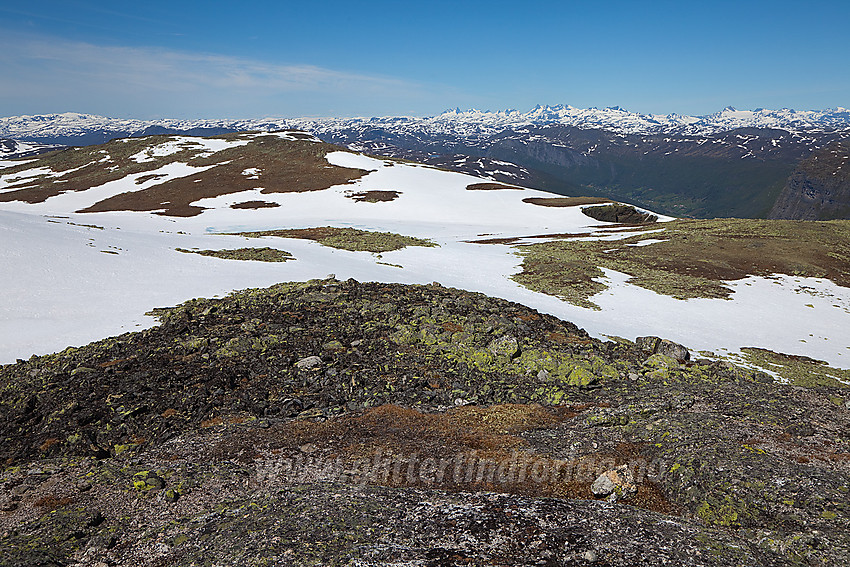 Fra toppen av Bergsfjellet bort mot Skjøld (1577 moh) med Jotunheimen som kulisse.