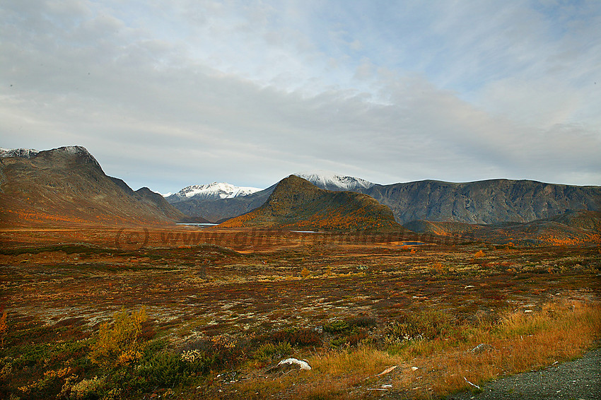 Høststemning ved riksvei 51 over Valdresflye mot Nedre Leirungen og Knutshle.