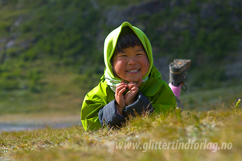 Liten fjellvandrer i gresset like ved Spiterstulen i Visdalen.