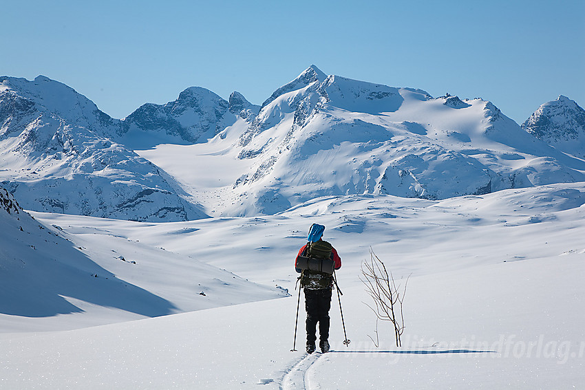 Skiløper på vei ned Memurudalen med Knutsholet og Knutsholstindane i bakgrunnen.