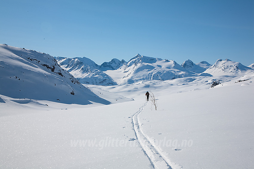 Skiløper på vei ned Memurudalen med Gjendealpene i bakgrunnen.