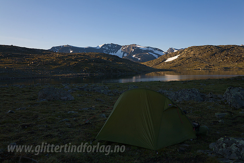 Teltleir ved Hesttjønne en tidlig augustmorgen. Gjendealpene i bakgrunnen.