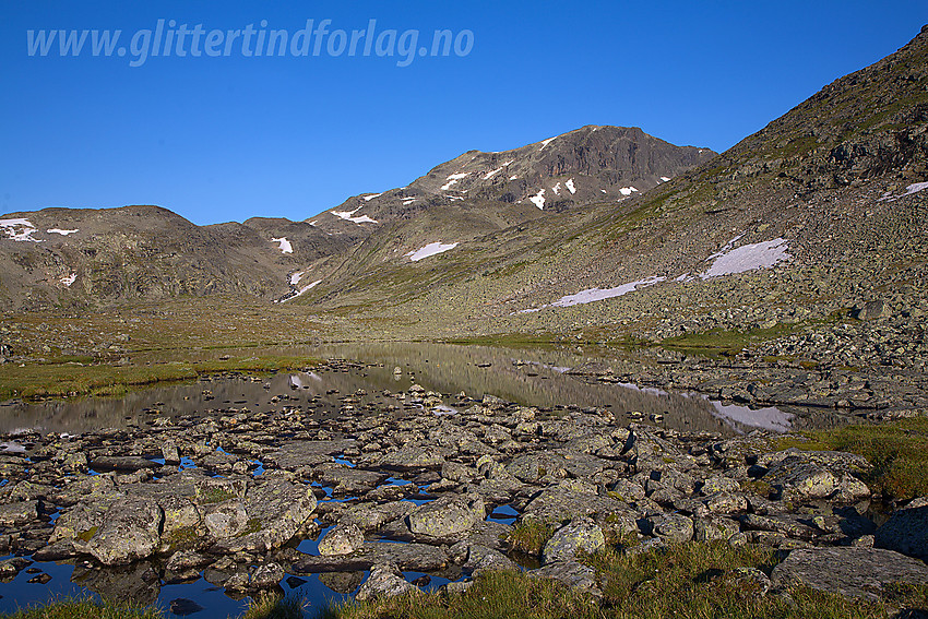 Sommermorgen ved Hesttjønne nord for Memurubu med Raudhamran (1893 moh) i bakgrunnen.