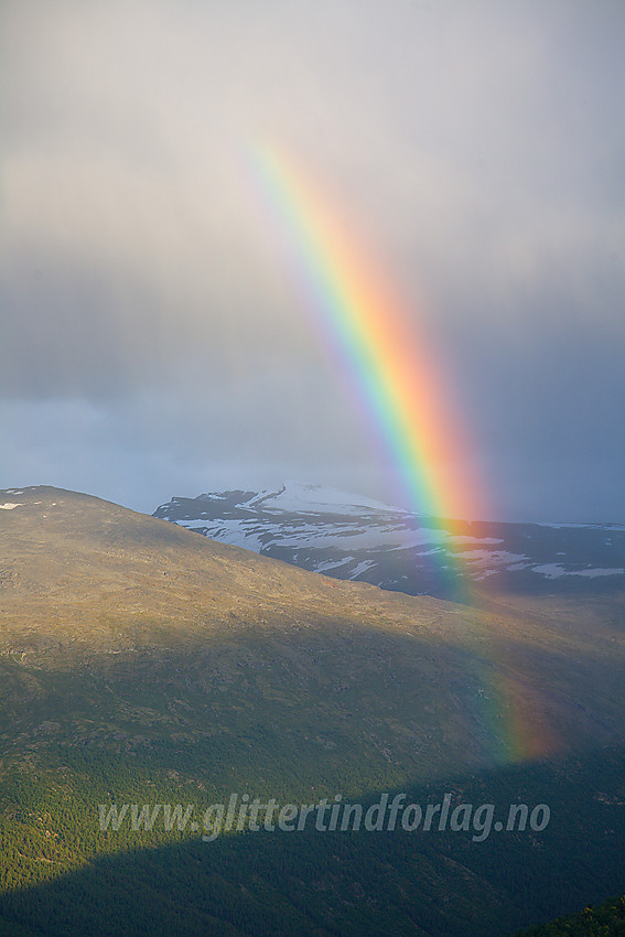 Regnbue over Visdalen, sett fra Sygardshaug like ved Raubergstulen. I bakgrunnen bl.a. Glittertinden.