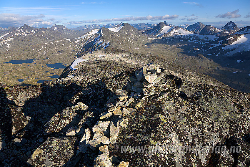 Utsikt fra Surtningstinden mot sentralde deler av Jotunheimen med Visbreatinden og Semeltinden til venstre. I midten Høgvagltinder og mot høyre Austre Rauddalstinden, Snøholstinden og Mjølkedalstinden.