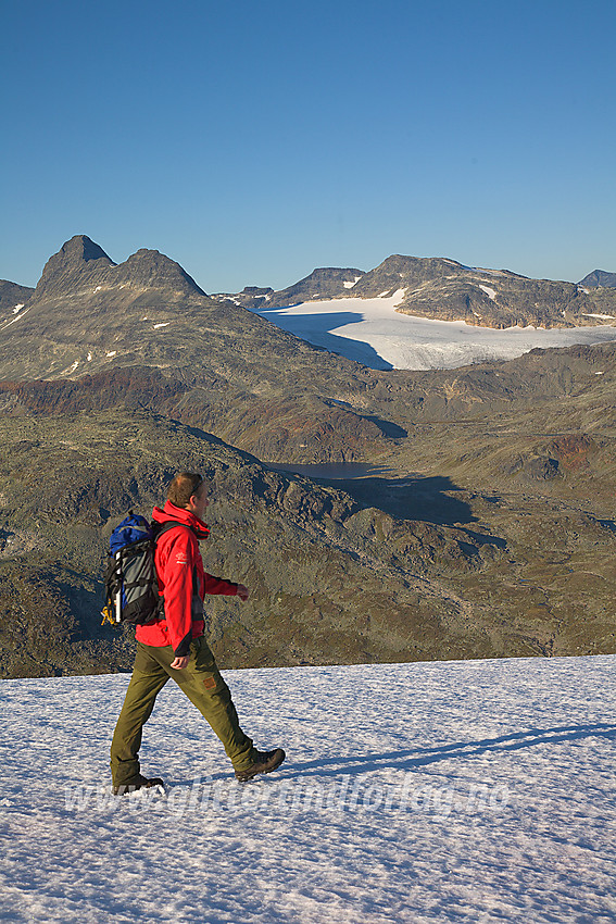 På vei ned fra Hjelledalstinden mot Koldedalen en høstkveld med bl.a. Uranostinden, Uranosbreen og Langeskavltinden i bakgrunnen.