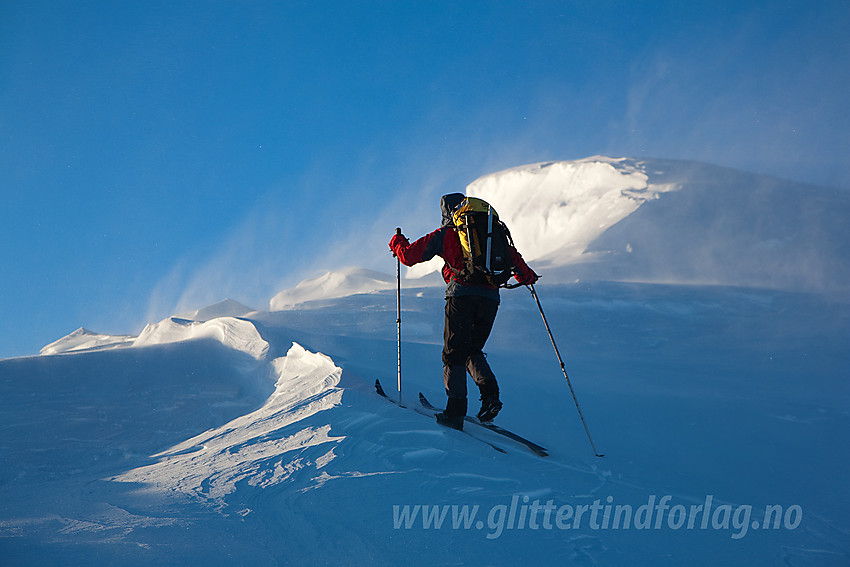 På vei opp de siste meterne mot Surtningssue fra nord en flott aprilmorgen til tross for litt snødrev.