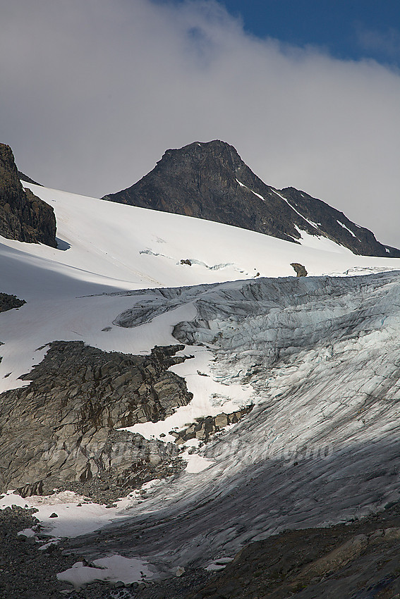 Ved fronten på Bukkeholsbrean med Store Bukkeholstinden (2213 moh) i bakgrunnen.