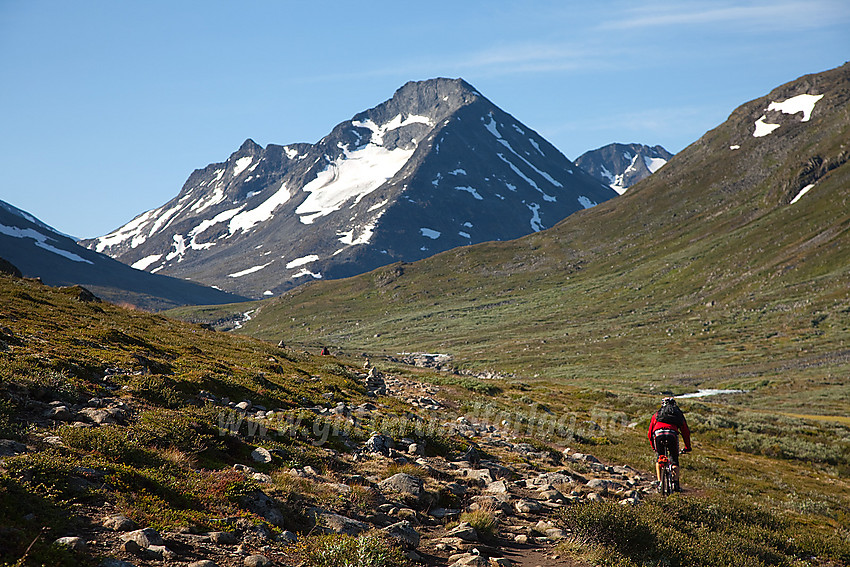 Syklist(!) på vei oppover Visdalen med Urdadalstindane 82116 moh) i bakgrunnen.